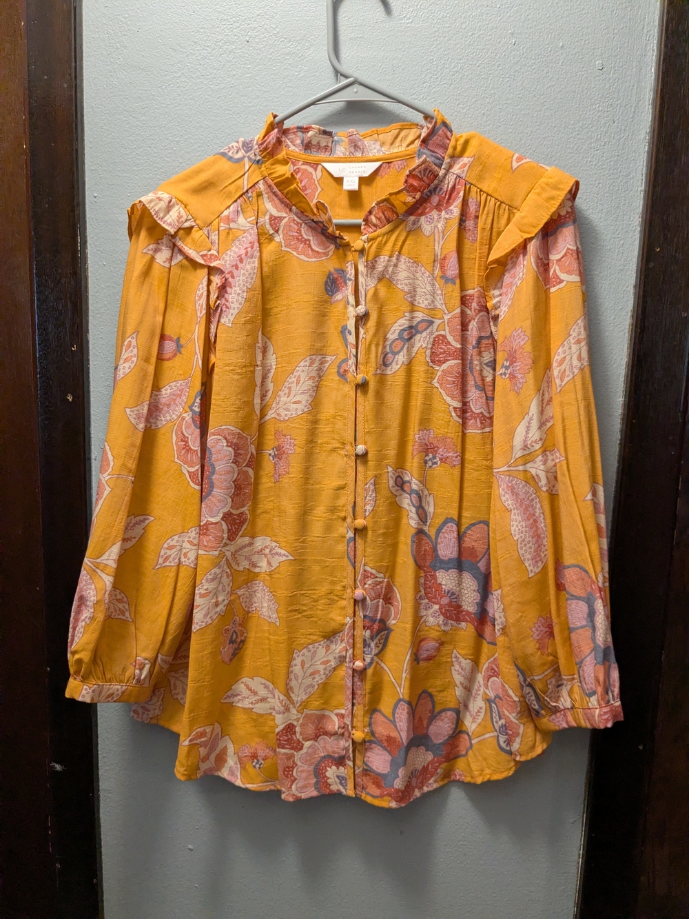 LC Lauren Conrad Orange Floral Ruffle Button Blouse